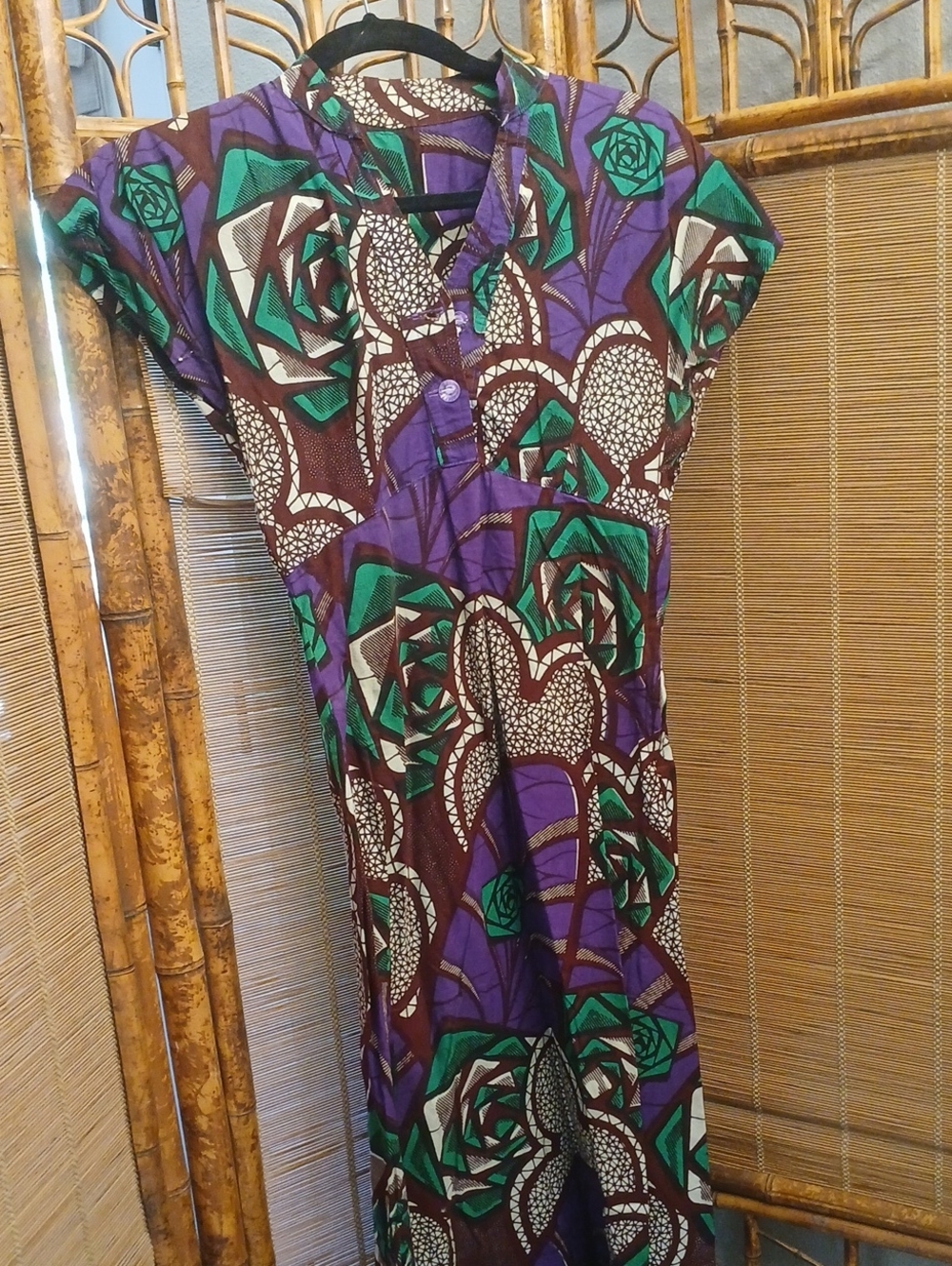 Purple & Green Printed Cap-Sleeve Women’s Dress